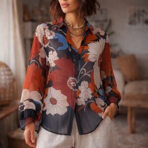 Crosby Sheer 70s Floral Button Up Top Sz  L Boho Retro Fall Chiffon Earthy Artsy